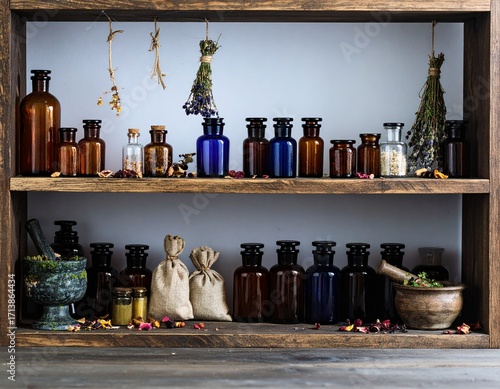 Intimate witch apothecary shelf with unlabeled amber bottles, dried herbs and brass scales