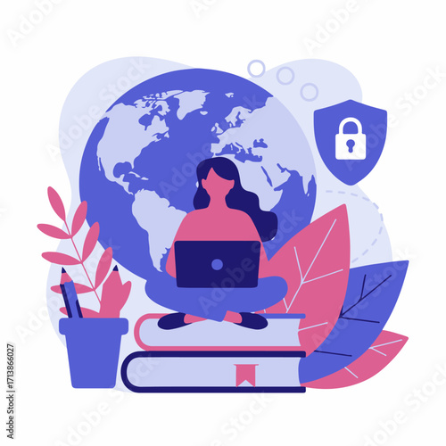Digital Learning and Online Education Concept with Globe, Books, and Secure Access Icon