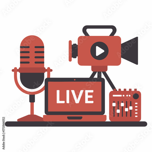 Live Streaming Setup Vector Illustration of Microphone, Camera, Laptop, and Audio Mixer for Broadcasts and Online Events