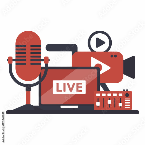 Live Streaming Equipment Microphone, Camera, Laptop, Mixer for Online Broadcasting