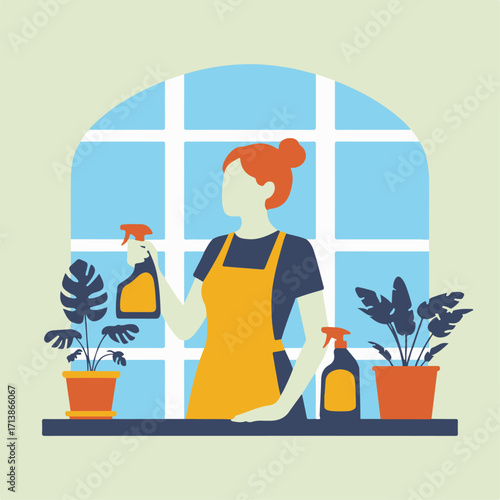 Woman tending to potted plants with spray bottles, creating a serene indoor oasis with lush greenery and a bright, airy atmosphere
