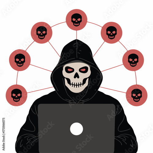 Anonymous hooded hacker personified as the grim reaper using a laptop to spread a malicious botnet network of digital skulls, symbolizing cybercrime and online danger