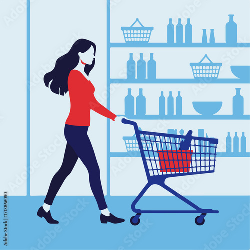 A stylish woman confidently navigates the bright aisles of a retail environment, pushing her shopping cart, symbolizing the modern consumer journey and dynamic shopping experience