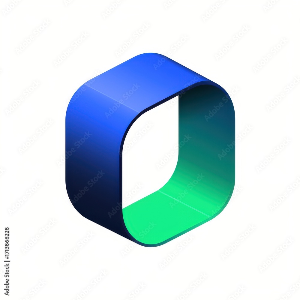 Fototapeta premium An abstract 3D shape with a smooth gradient transitioning from blue to green, set against a light background.
