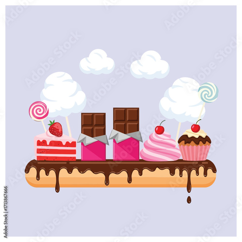 Sweet Treats Extravaganza Delicious Candy Cakes Chocolate Bars on Eclair Background