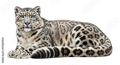 Isolated Snow Leopard Lying Down, Relaxing, and Observing in a Calm Manner with its Tail Curled