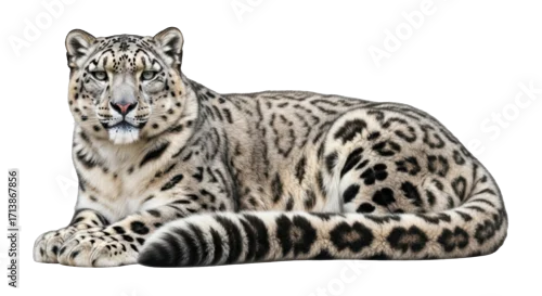 Fototapeta Isolated Snow Leopard Lying Down, Relaxing, and Observing in a Calm Manner with its Tail Curled