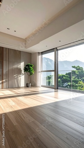 Sunlit minimalist room with hardwood floors and mountain views