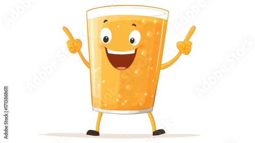 Cheerful cartoon glass of fizzy orange drink with arms, legs, pointing fingers, big smile