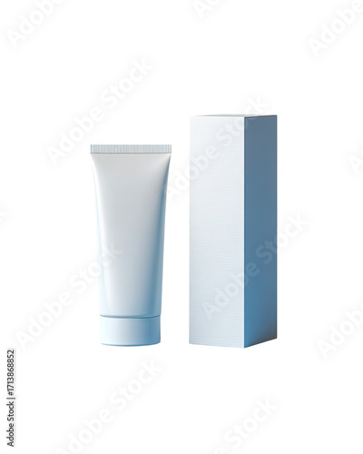 Blank cosmetic product packaging.  A white tube and box, isolated on a plain background.  Clean, modern design