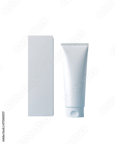 Blank white cosmetic packaging.  A rectangular tube and a tall, thin, rectangular box, both light gray/white, are depicted in an isolated, product-shot style