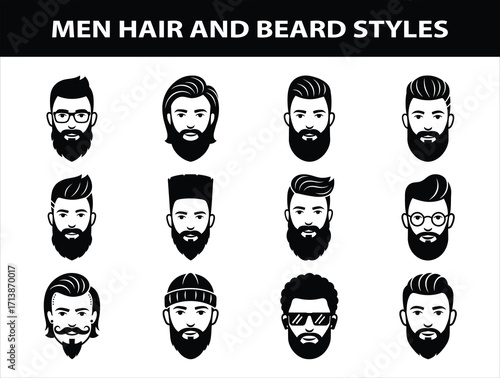 Men haircuts and beard styles vector icon collection in modern fashion silhouettes