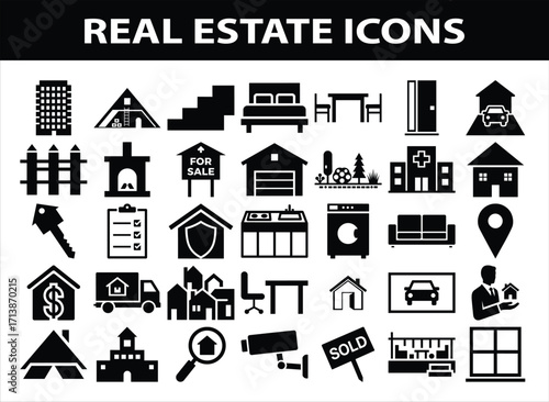Real estate icons vector set house, property, rent, mortgage and home symbols