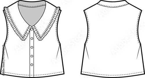Sleeveless blouse technical flat sketch, ruffled pointed collar, button front closure, fashion design template, garment construction drawing, front and back view illustration for apparel production