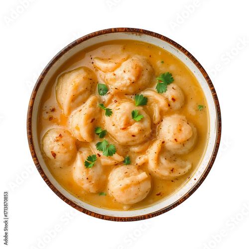 Hearty dumplings submerged in a creamy sauce garnished with fresh parsley and chili flakes