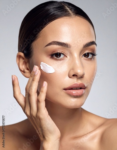 Retrato en primer plano de una mujer joven modelo con una piel facial suave y saludable dándose crema rejuvenecedora sobre la piel