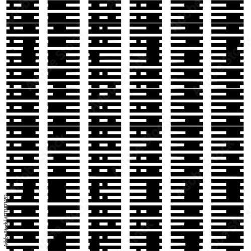 Black and white abstract pattern featuring horizontal bars with varying lengths in a grid arrangement