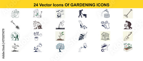 Collection of 24 vector icons representing various gardening activities and elements