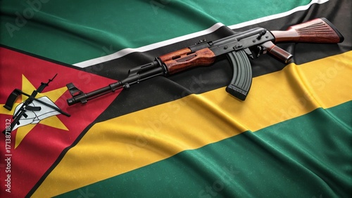 AK-47 on Flag: An AK-47 rifle rests on the vibrant and symbolic flag of Mozambique, a visual narrative weaving themes of history and conflict.