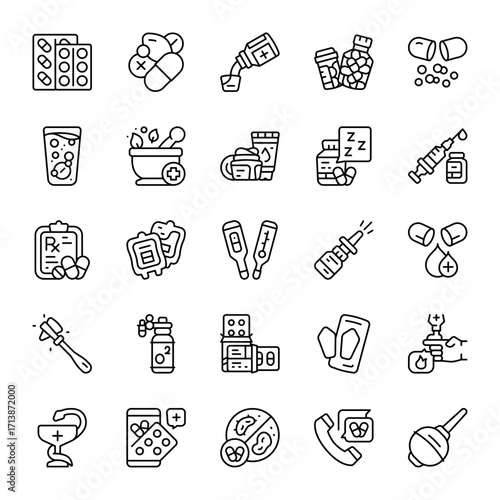 Pharmacy vector line icon set. Contains linear outline icons like pill, medicine, line, icon, syringe, drug, prescription, medication, health, antibiotic, vitamin, hospital. Editable use and stroke.
