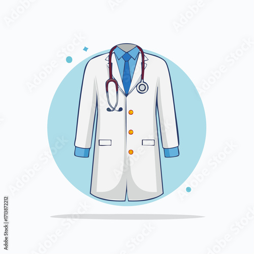 A flat vector cartoon illustration of a professional doctor's white lab coat with a stethoscope, symbolizing medicine and healthcare