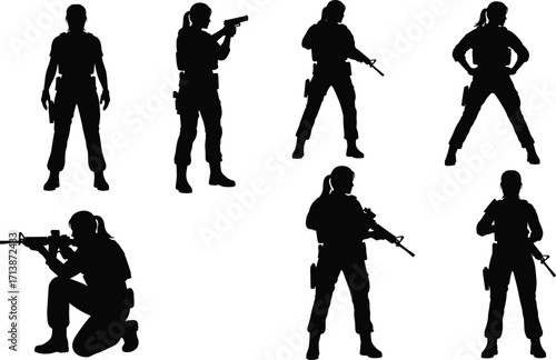Female silhouette set with tactical stances and firearms, vector illustration for police, military action themes, security concept art.