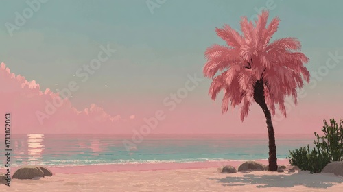 Pink-hued sunset over a tranquil beach scene, featuring a single, stylized pink palm tree and calm ocean reflecting the sky's colors