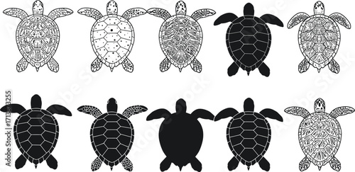 Turtle silhouette and line art collection, sea turtle vector icons, marine animal clipart set, black outline illustration, isolated aquatic graphic
