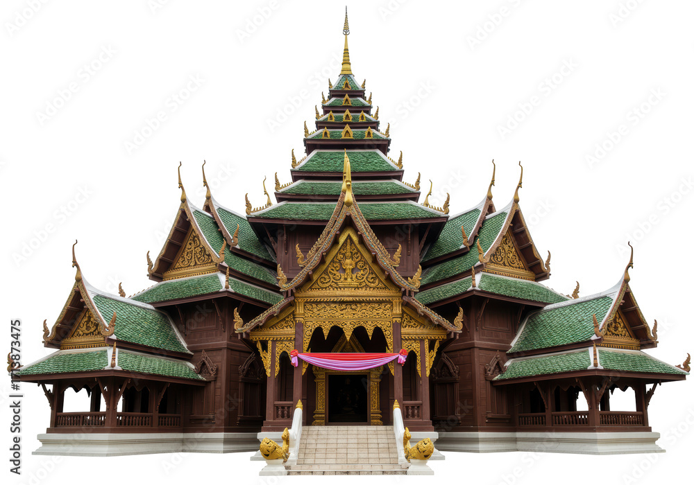 Naklejka premium Isolated Thai wooden temple architecture, richly decorated and with green tiled roofs