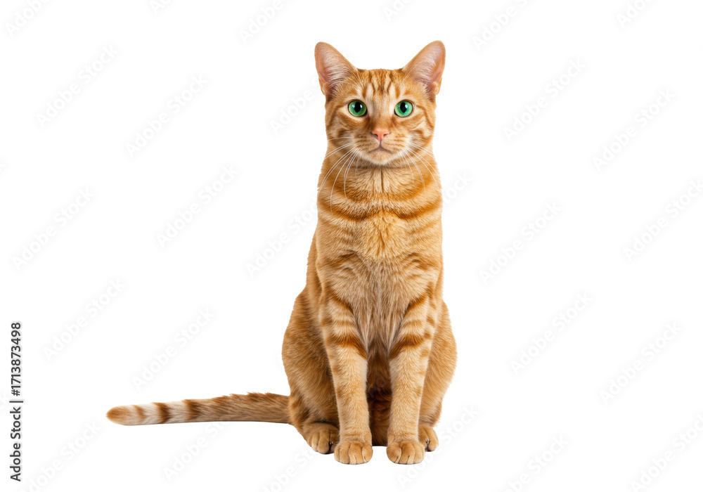 Obraz premium Isolated ginger tabby cat sitting upright in front view, looking at camera patiently