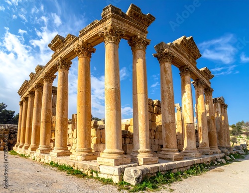 Ancient ruins of a temple complex under a vibrant blue sky