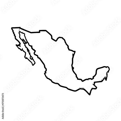 Black and white country outline representing Mexico on plain backdrop, a simple line drawing. Country outline can be used for geography lessons, or international studies. Illustrative country outline,