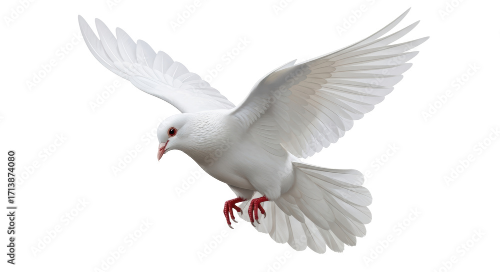 Fototapeta premium Isolated White Dove in Flight, Majestic Bird of Peace with Elegant Wings, Flying Gracefully