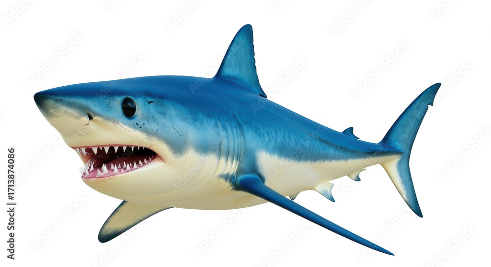 Fototapeta premium Isolated Great White Shark swimming aggressively, a menacing predator of the ocean depths