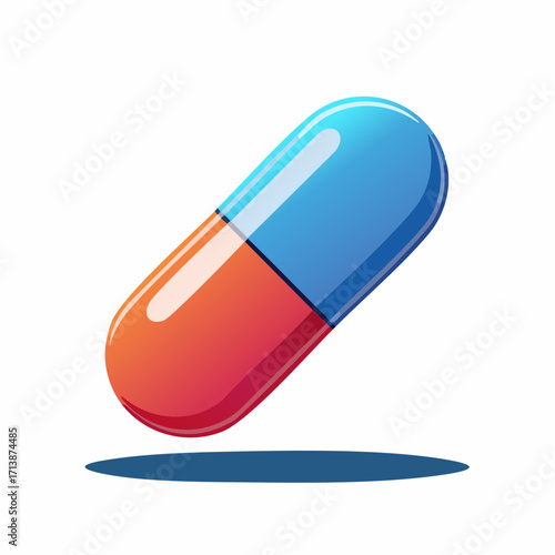 Vector illustration of a red and blue pharmaceutical capsule. Glossy cartoon medicine pill with a bold outline and shadow, isolated on white