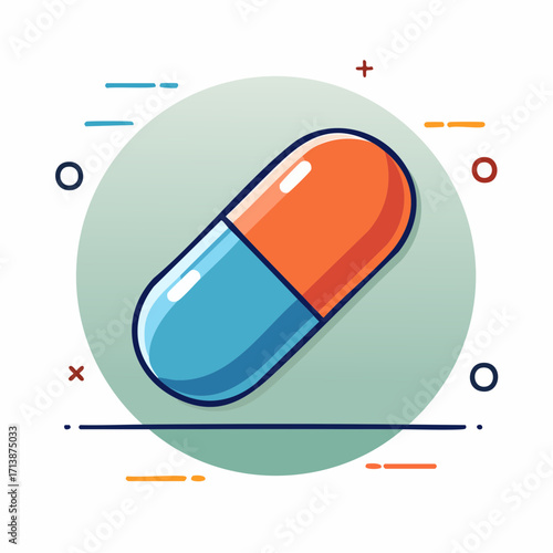 Cartoon vector flat illustration of a blue and orange capsule pill, bold outline on a simple circular background