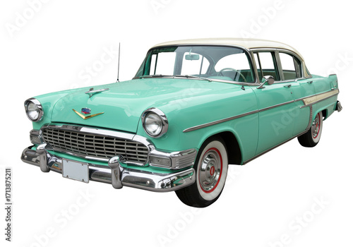 Isolated 1950s classic car in mint green with cream roof, vehicle with shiny chrome trim