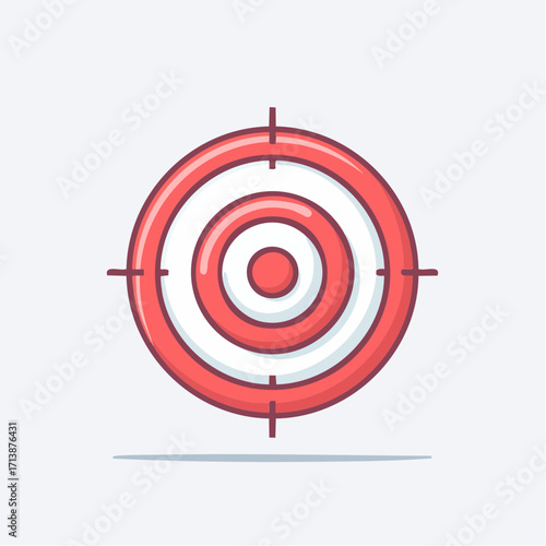 Simple cartoon vector illustration of a red and white circular target with sight crosshairs. A flat design icon with a bold outline and shadow effect