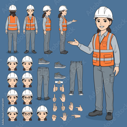 Woman construction engineer in helmet, vest, uniform. Character constructor for animation. Front, side and back view set. Body parts, postures, poses collection. Vector illustration. 