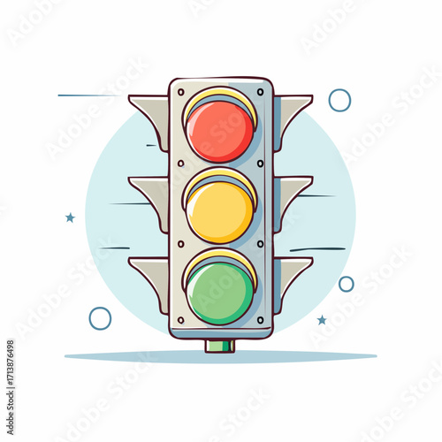Flat design vector illustration of a cartoon traffic light signal with all three lights illuminated. Bold outline icon for road safety and urban transportation