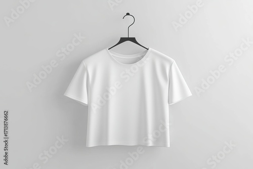 T-shirt Mockup white t-shirt on hanger facing front on blank wall, clean and professional composition, copy space, background color white, minimalism, stock vector
