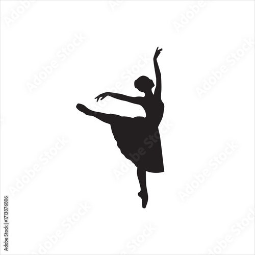 Elegant ballerina silhouette in arabesque pose, graceful dance, pointe shoes, artistic black and white.