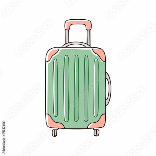 Vector illustration of a green and pink travel suitcase in a casual doodle sketch style. Fun luggage icon for vacation and journey concepts isolated on white
