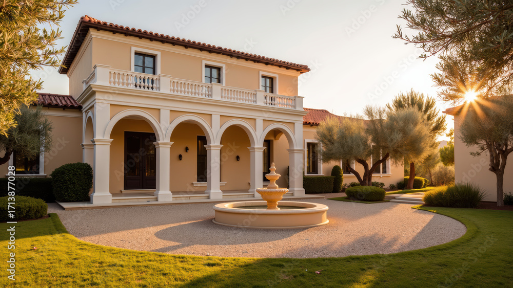 Obraz premium Luxurious villa with elegant architecture, featuring fountain and landscaped garden, bathed in warm sunlight