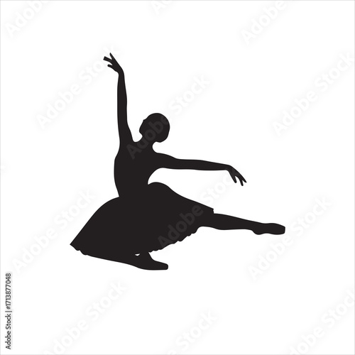 Silhouette of a ballerina gracefully posing with one leg extended and arms raised against a white background.
