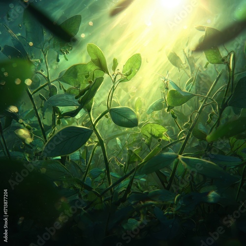 Lush Green Seedlings Bathed in Golden Underwater Light Rays, Thriving New Life.