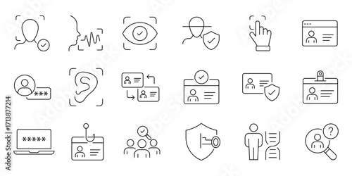 Identity set of web icons in line style. Verification and identity icon set. Id icon set. Includes fingerprint, face ID, voice recognition, DNA, ID card. Vector illustration.
