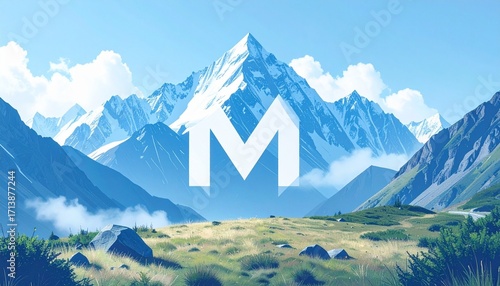 Floating 3D metallic letter M in a mountain valley with mist, pine trees, and wildflowers.