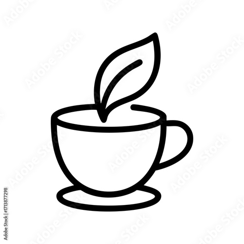 Minimalist Tea Cup Icon with Leaf – Line Art Herbal Drink Logo Vector in Black and White