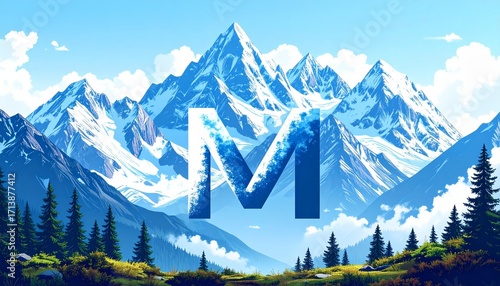 Floating 3D metallic letter M in a mountain valley with mist, pine trees, and wildflowers.